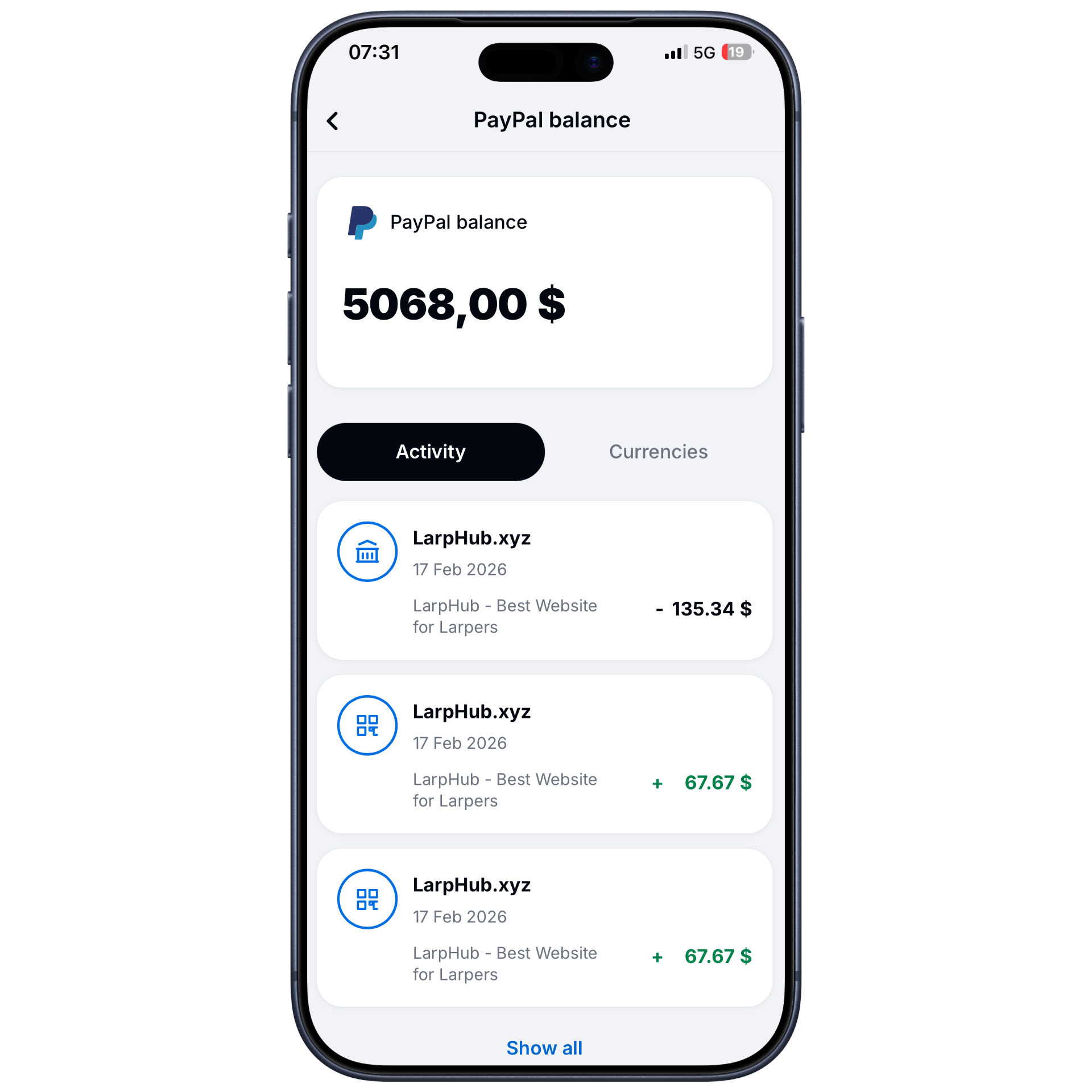 LarpHub PayPal balance simulator